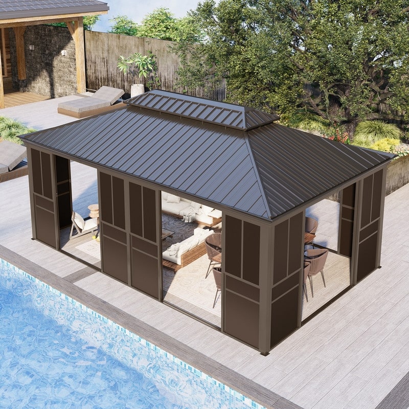 Hardtop Sunroom with Double Steel Roof, Sliding/Lockable Doors & Screens - All-Season Rustproof Aluminum Frame,Advanced Drainage - 12'x20'