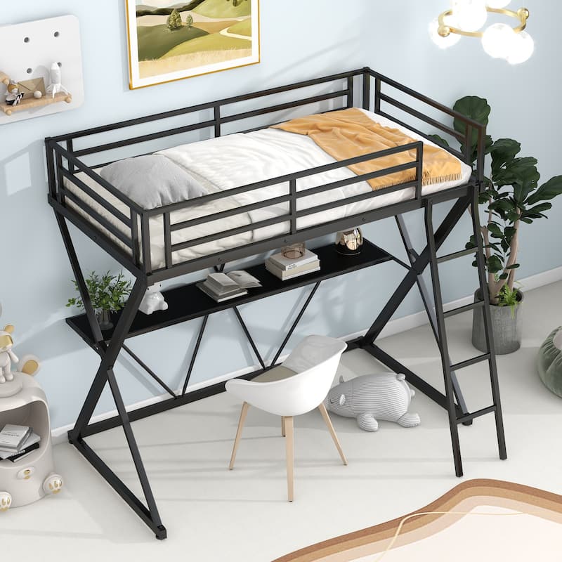 Industrial Style Twin Size Loft Bed with Desk, Ladder and Full-Length Guardrails Top Bunk, X-Shaped Metal Frame Support