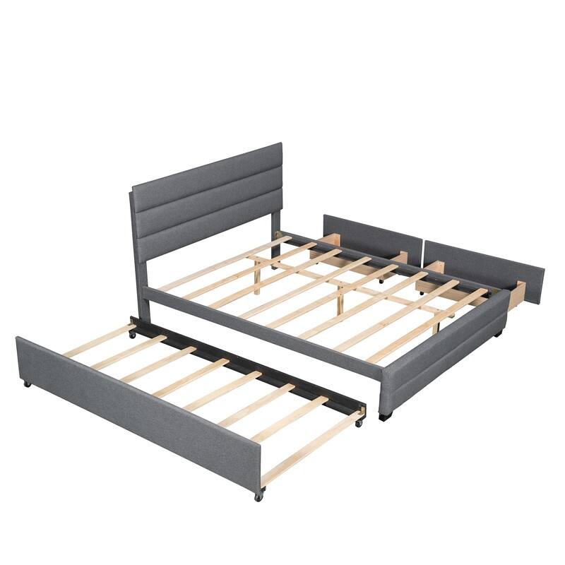 Upholstered Queen Size Platform Bed with 2 Storage Drawers and Twin Trundle Bed, Wood Queen Bed Frame with Linen Fabric
