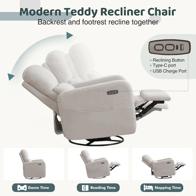 Swivel Power Recliner Chair Teddy Nursery Glider Rocking Recliner