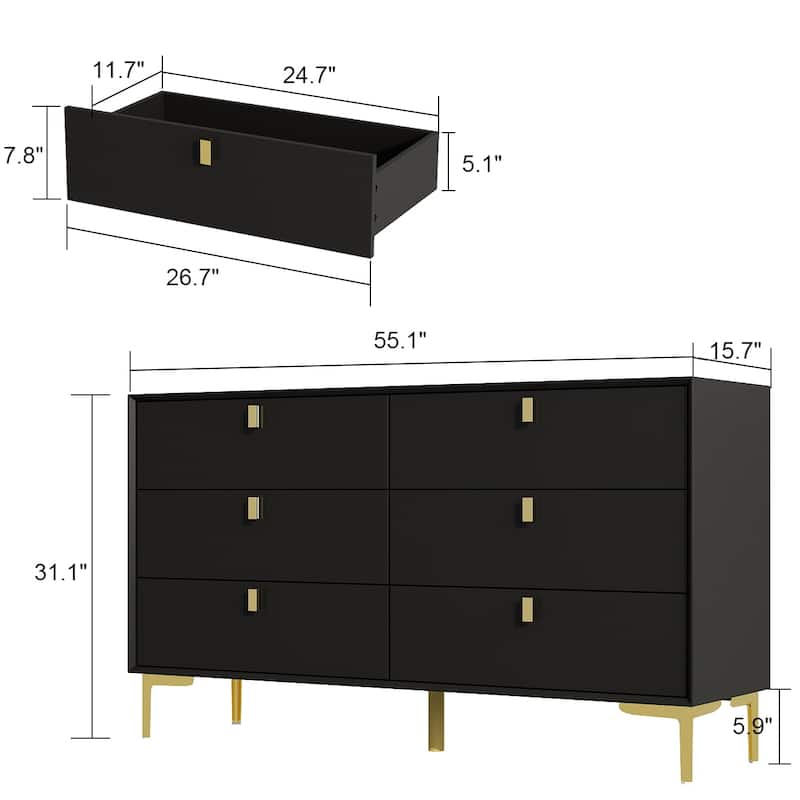 55.1"W 6-Drawer Double Dresser Black Gold Storage Cabinet Chest