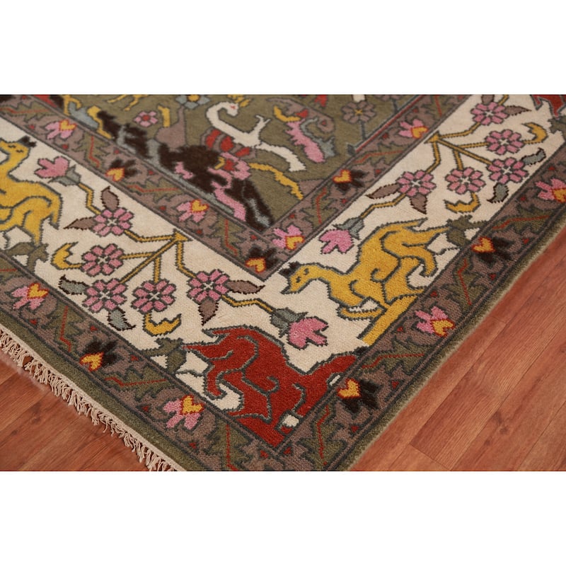 Hunting Animals Green Ziegler Indian Area Rug Handmade Wool Carpet - 9'1"x 11'11"
