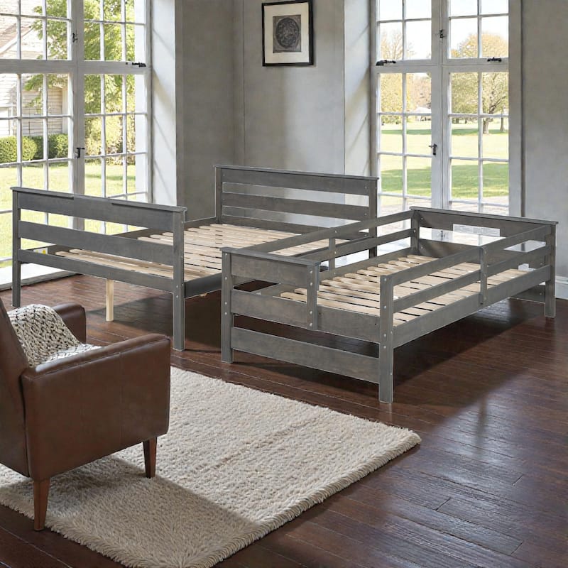 Wood Twin XL over Queen Bunk Bed with Ladder, Solid Pine Detachable Bunk Frame with Guardrails and Slat Support