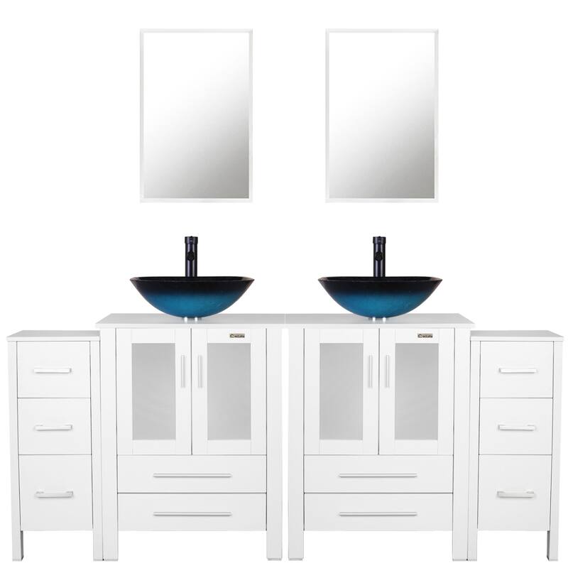 72" Bathroom Vanity Set Vessel Sink Cabinet Mirror Combo - White - ocean blue square sink