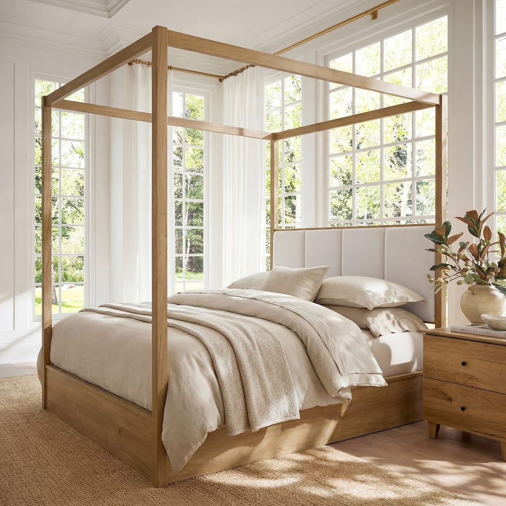 WAMPAT Modern Queen Size Canopy Bed Frame with Upholstered Headboard, Solid Wood 4 Poster Bed, No Box Spring Needed for Bedroom