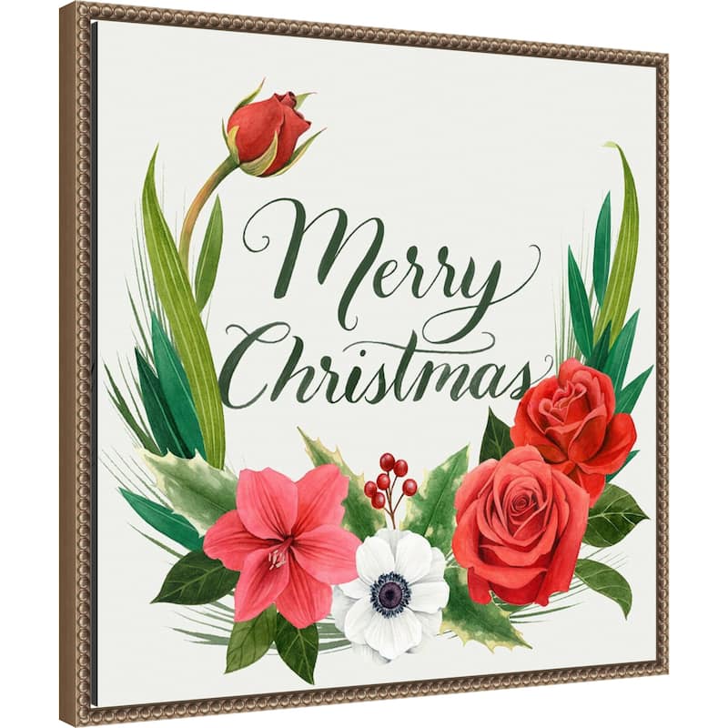 Christmas Flora Wreath I by Grace Popp (22 x 22 in.), Framed Canvas Wall Art Print - Sylvie Beaded Dark Gold