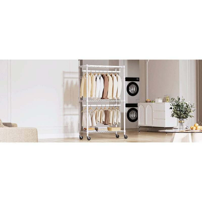 Heavy Duty Rolling Garment Rack with Wheels, 3-Tier Adjustable Wire Shelving, Clothes Rack with 2 Rods & Side Hooks
