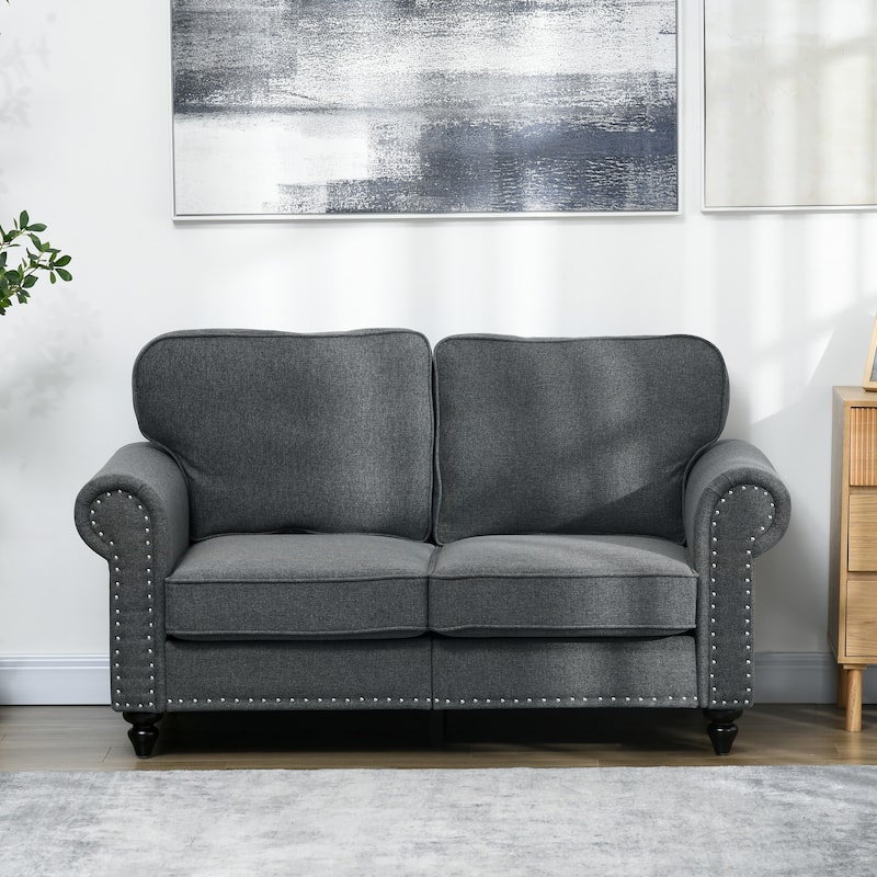HOMCOM 61" Loveseat Sofa, Mid Century Modern 2 Seater Small Couch with Nailhead Trim, Rolled Arm, Fabric Upholstered Love Seat