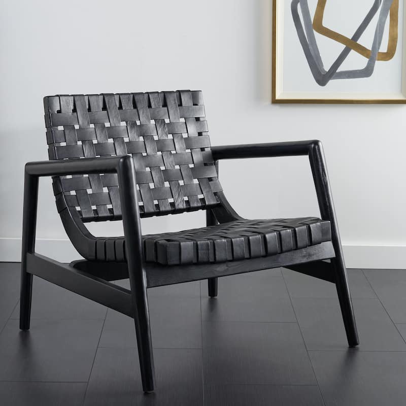 SAFAVIEH Vena Leather Woven Accent Chair - 30" W x 28" D x 28" H - 30Wx28Dx28H - Black