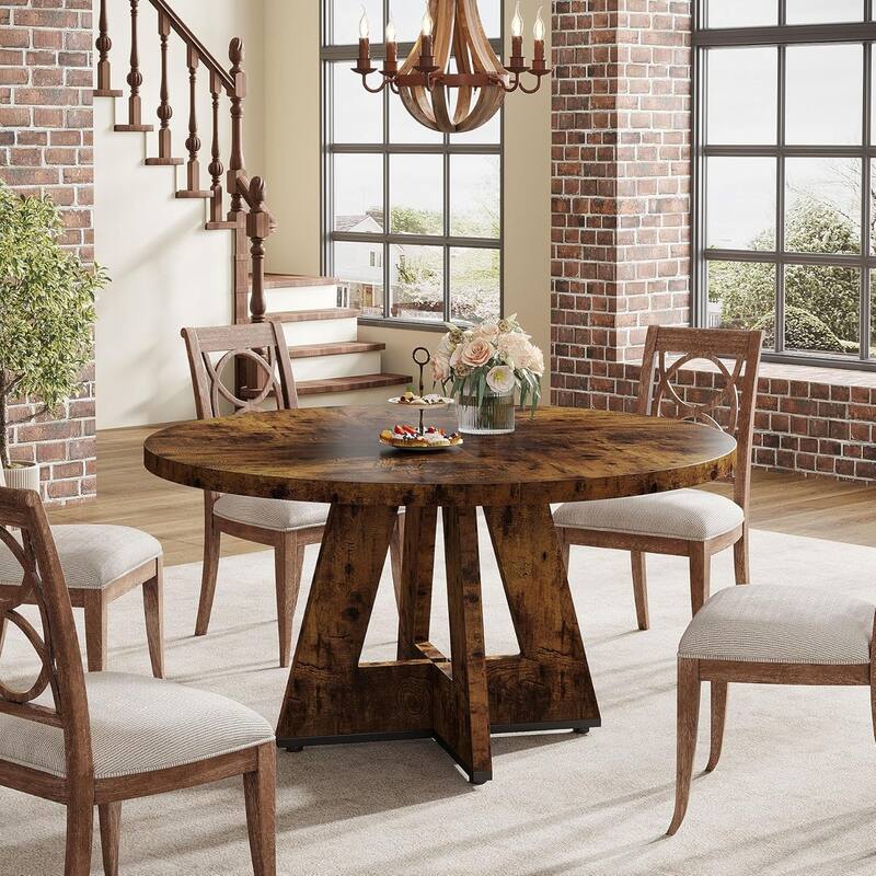 47" Round Wood Dining Table 4-Seater Farmhouse with Wooden Tabletop Cross Base for Dining Room/Kitchen
