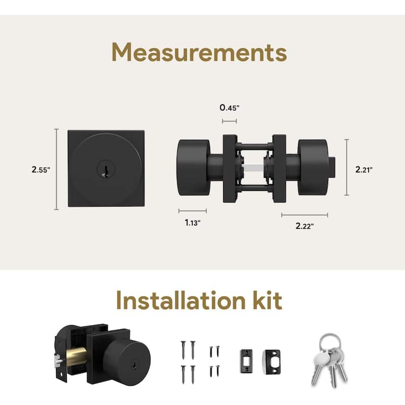 Mega Handles SUANA Square Entrance Round Knob I Knob Door Lock Handle I Fits All Standard Door Sizes I Reversible Handing