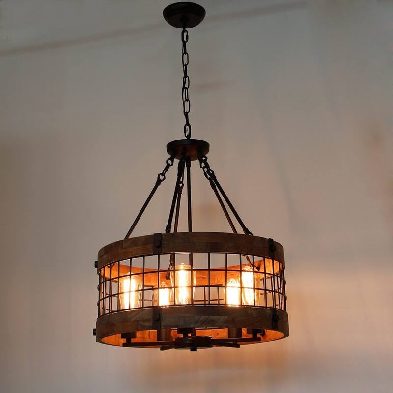 Anmytek Modern Farmhouse 5-Light Wooden Drum Chandeliers Round Metal Pendant Lights for Dining Room