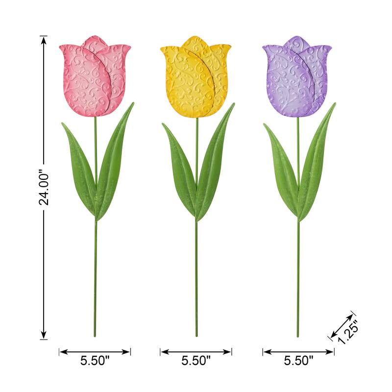 Glitzhome 24"H Easter Metal Tulips Yard Stakes Garden Decor(Set of 3) - 24"