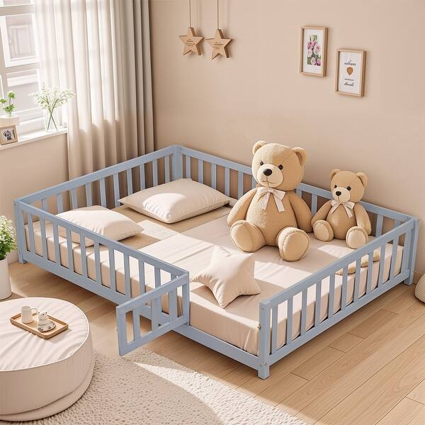 slide 2 of 7, Full Size Floor Platform Bed with Fence,Door,Support Slats,Kids Bed Design Grey