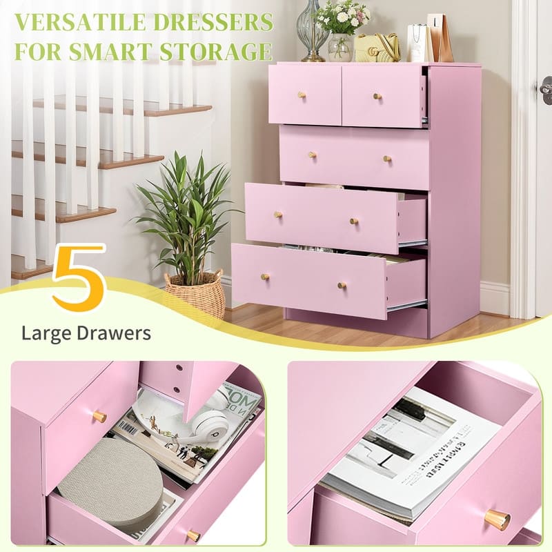 5-Drawer Dresser For Bedroom And Chest Of Drawers With Sturdy Construction Wood Storage Organizer For Closet