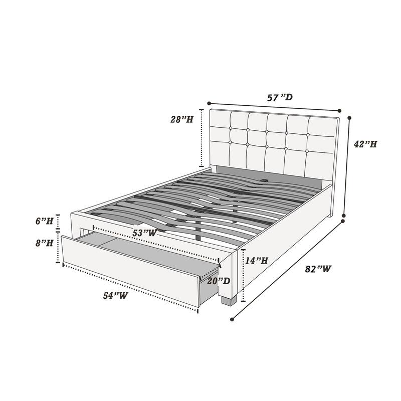 Full Size Modern Bed with Tufted Headboard and Storage Drawer, Grey Polyfiber Finish
