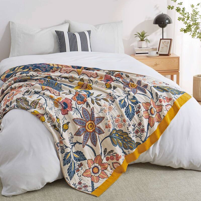 100% Cotton Boho Floral Thermal Breathable Jacquard Throw Blankets