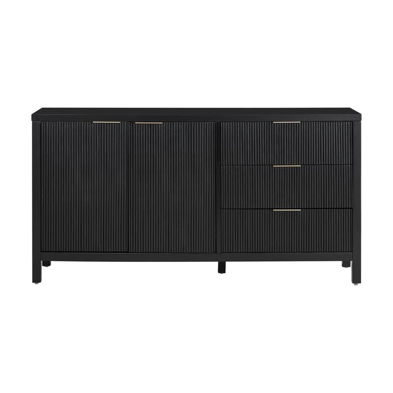 4-Door Wave-Pattern Buffet Cabinet with Wood Legs and Aluminum Handles, Kitchen Cabinet with Adjustable Shelves & 3 Drawers
