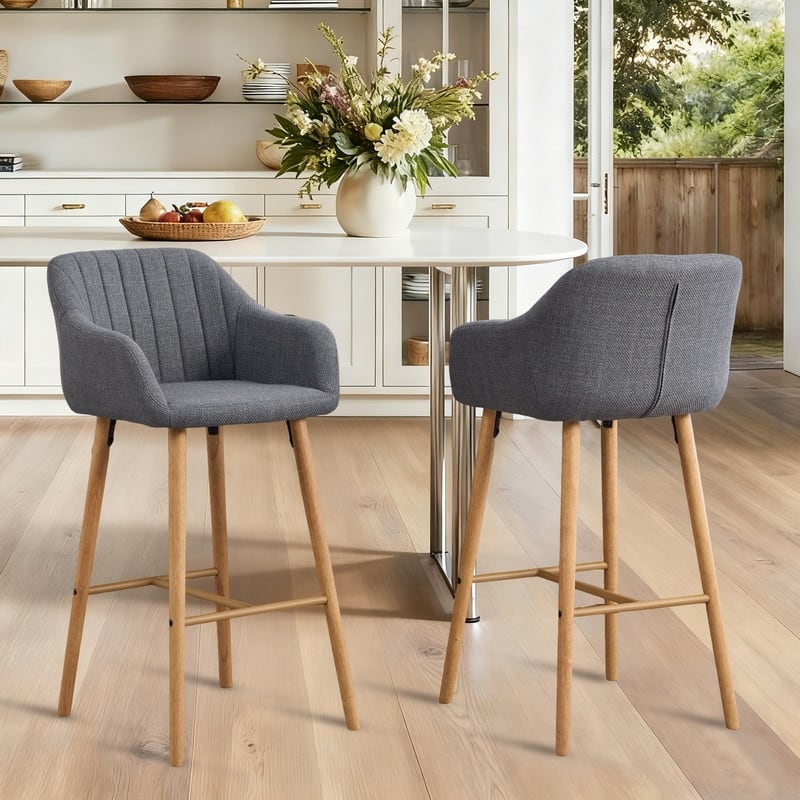 Linen Upholstered Ergonomically Designed Solid Wood Leg Tall Bar Stools(set of 2) - Grey
