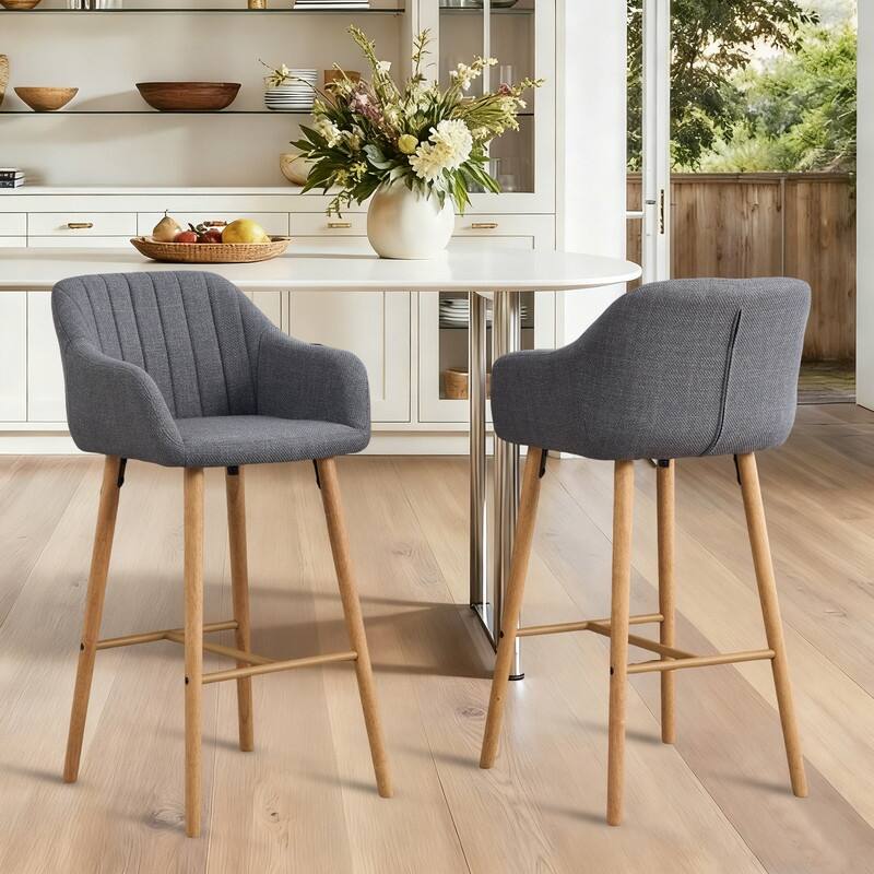 Linen Upholstered Ergonomically Designed Solid Wood Leg Tall Bar Stools ...