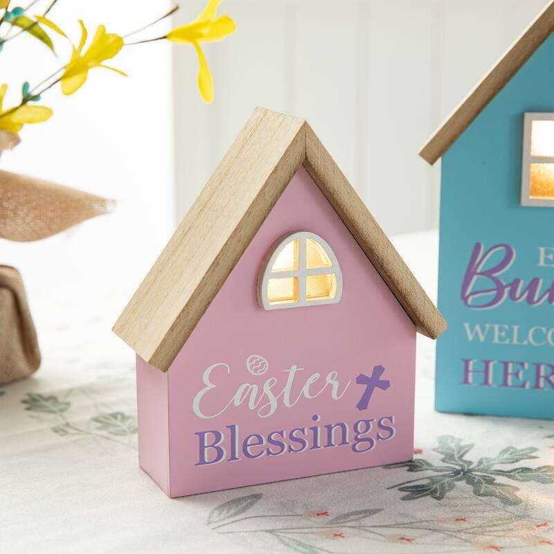 Glitzhome 6"/8"H Set of 2 Lighted Easter Wooden House-shaped Table Decor