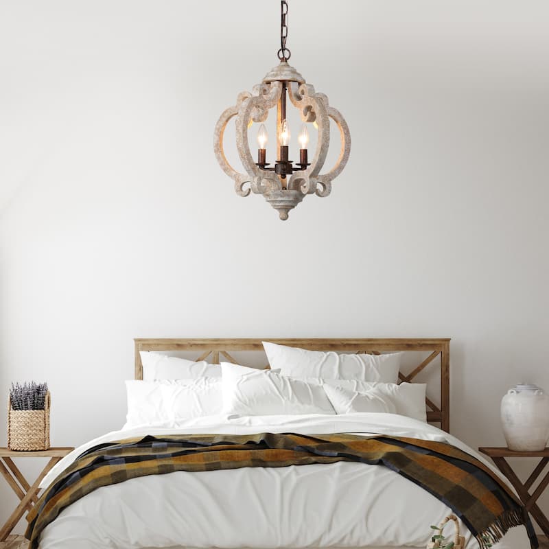 Modern Farmhouse 3-Light Distressed Off-White Wood Orb Chandelier for Dining Room - D15.5"x H 19"