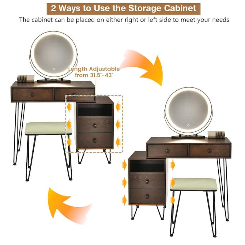 Costway Vanity Table Stool Set Dimmer LED Mirror Large Storage Cabinet - See details