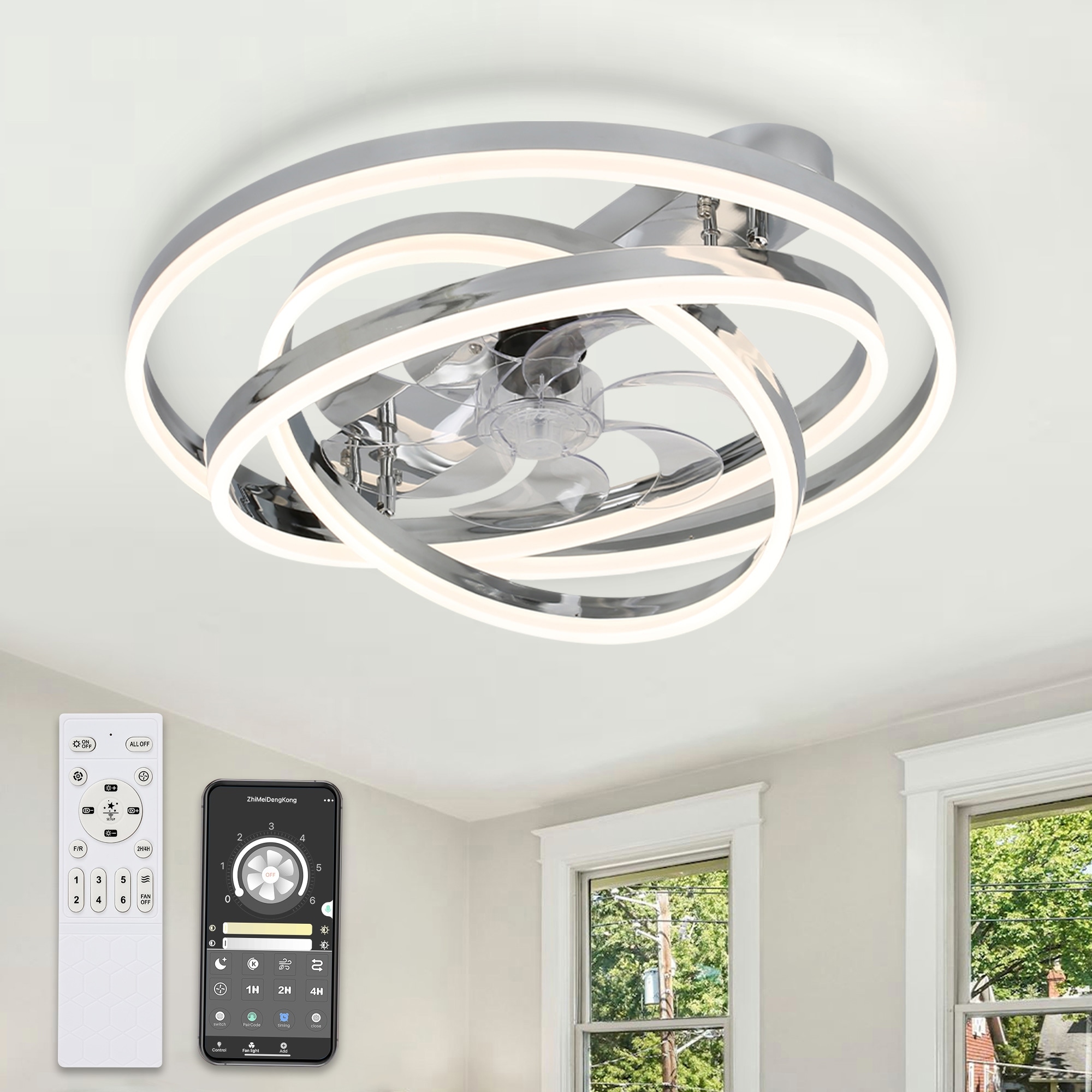 Bella Depot 24 Inch Modern Flush Mount Ceiling Fan with Dimmable Light, 6-Speed DIY Shade with Remote and APP Control - 23.6"