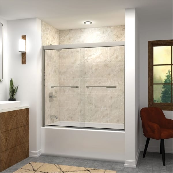 slide 1 of 22, Frederick 59 in. W x 58 in. H Sliding Semi-Frameless Shower Door in Brushed Nickel with Clear Glass - 60 x 58
