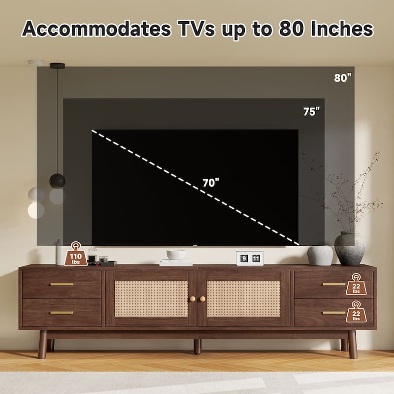 Modern 70" TV Stand with Rattan Doors for TVs up to 80", Media Console Entertainment Center with Drawers