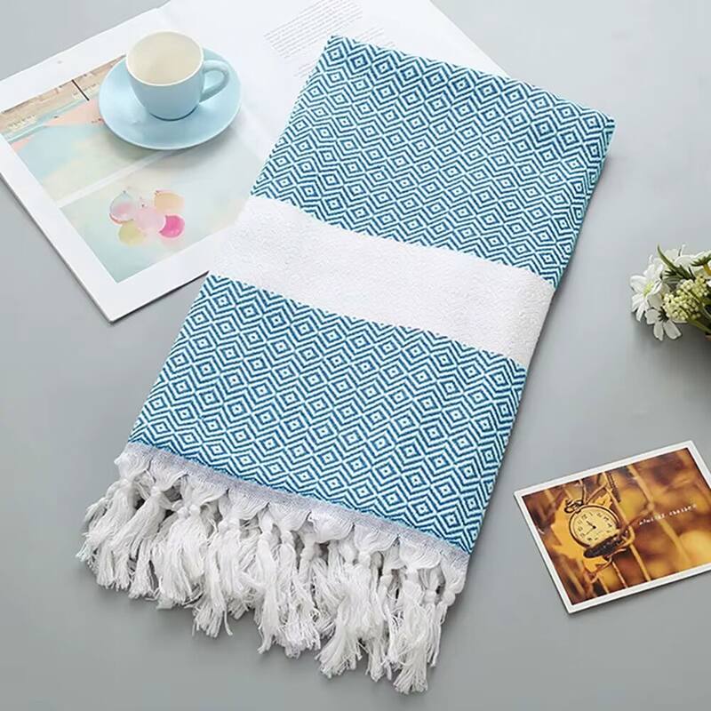 STP Goods Rombus Beach Cotton Blanket w/ Fringe - LightBlue/White