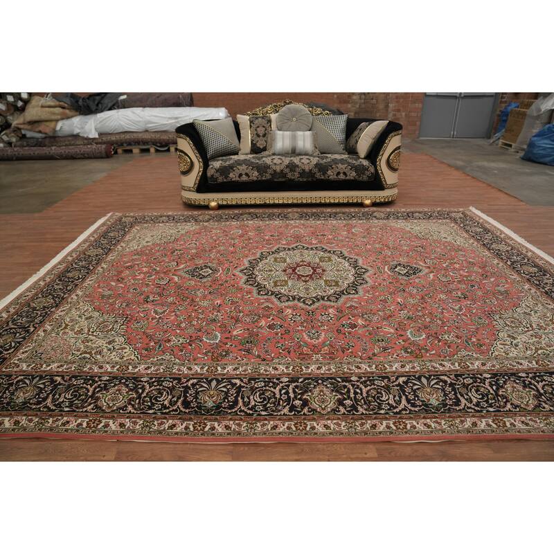 Hand Knotted Oriental Wool & Silk Carpet Traditional Floral Red Tabriz Area Rug - 13' 0'' X 9' 10''