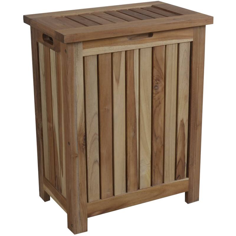 Contemporary Brown Wood Laundry Hamper with Removable Bag Durable Teak Slatted Design - 20" x 13" x 26