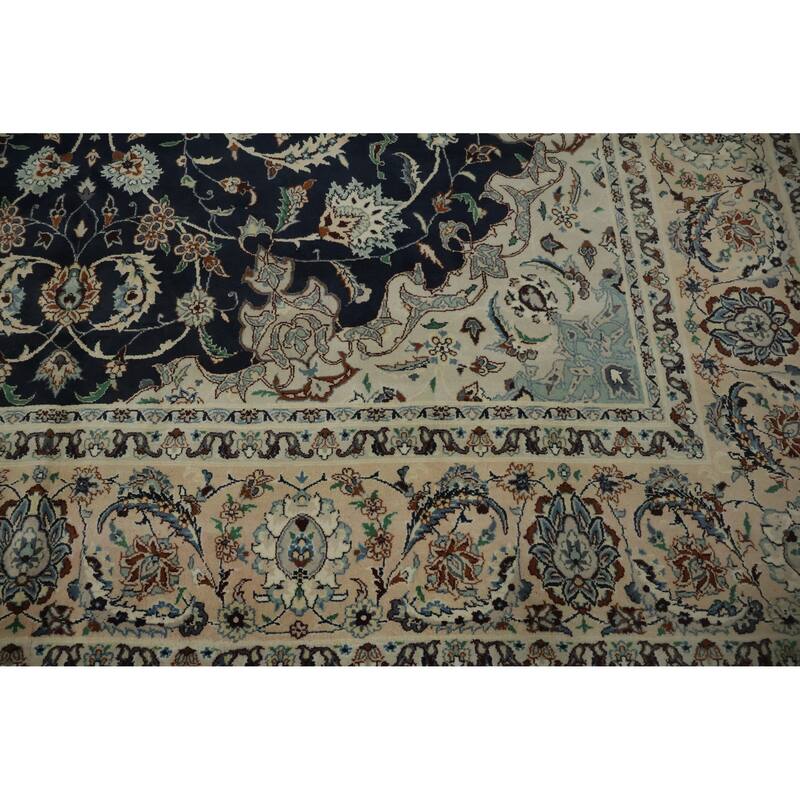 Hand Knotted Oriental 100% Wool Carpet Traditional Floral Navy Blue & Blues Nain Area Rug - 10' 4'' X 8' 0''