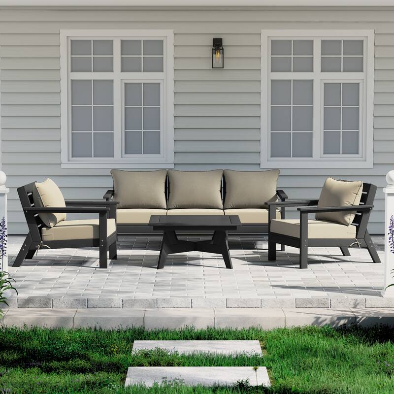 Birchwood All Weather HDPE Outdoor Patio Black Deep Seating Conversation Set (6-Piece Set) - Black/Beige