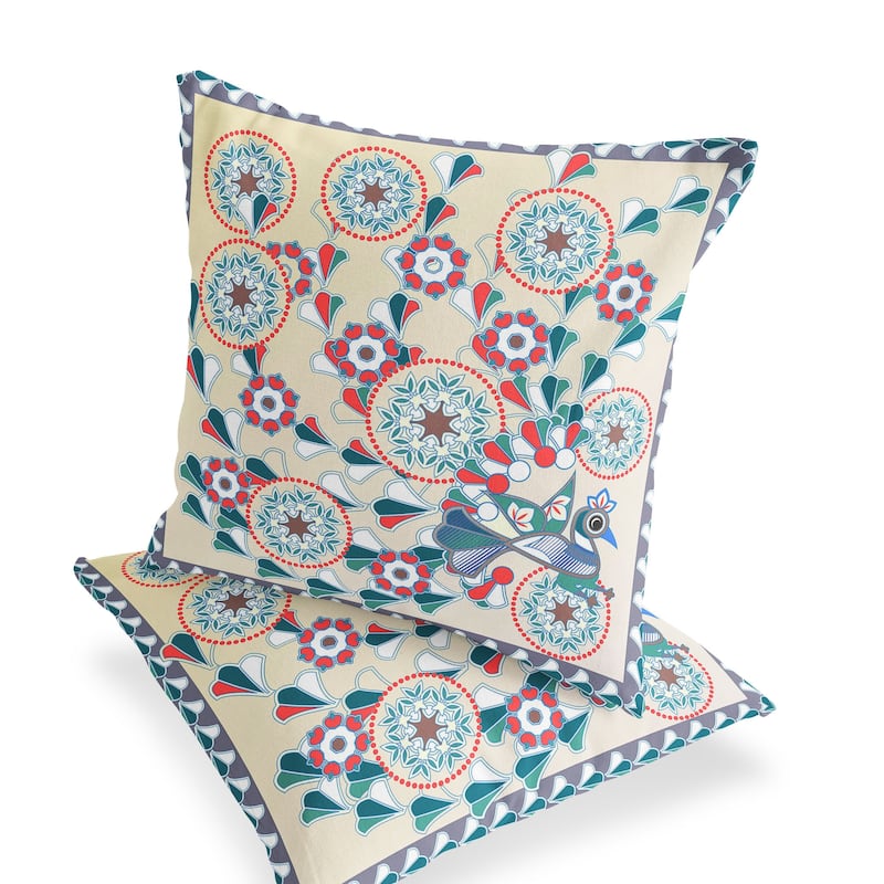 HomeRoots Set of Two 16" X 16" Green and Red Peacock Blown Seam Floral Indoor Outdoor Throw Pillow - 16.00' X '16.00' X '5.00