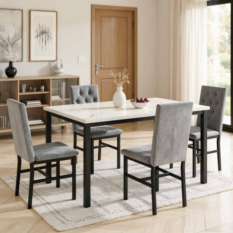 Grondin 5-Piece Dininng Room Table Set with 4 Upholstered Dining Chairs, Faux Marble Top And Metal Frame Dining Table Set Of 5 - Marble White & Gray Velvet