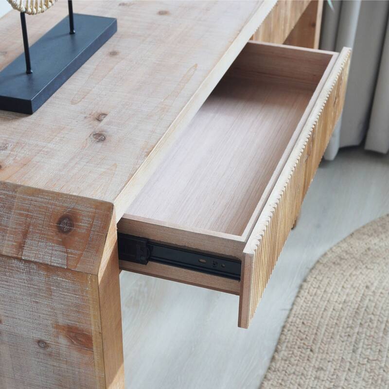 Rustic Wooden Console Table with Drawer - Minimalist Design, Ribbed Texture, and Natural Finish