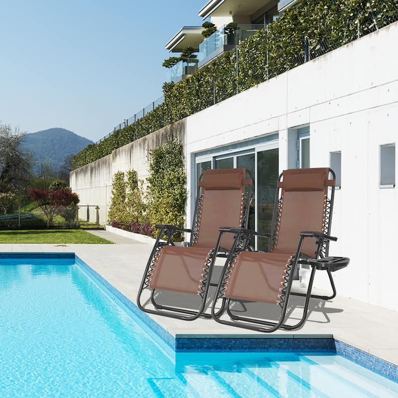 Set of 2 Zero Gravity Recliner Lounge Chairs with Cup Holders, Folding Patio Camping Beach Chairs for Outdoor Relaxation