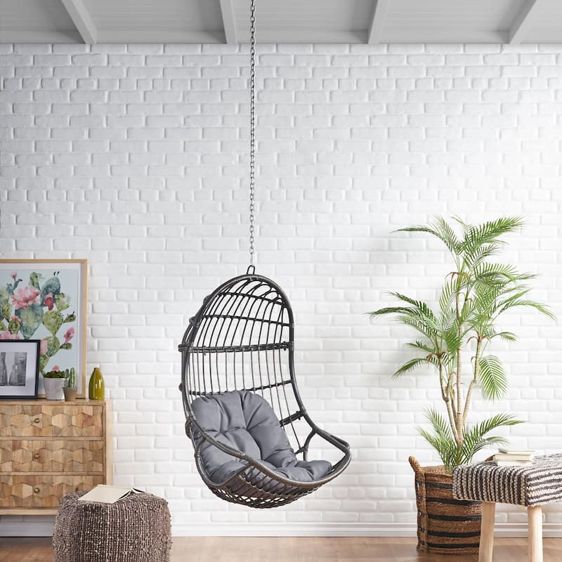 Wicker Hanging Basket Chair with Water-Resistant Cushions, Hand-Woven Rattan Swing Chair with Suspension Chain