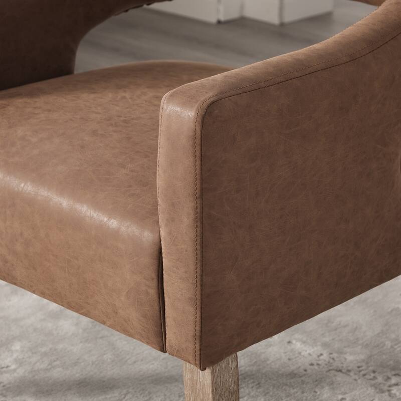 Modern Upholstered PU Open Back Accent Armchair Barrel Dining Chair with Weathered Rubberwood Legs, Hollow-Out Side Club Chair