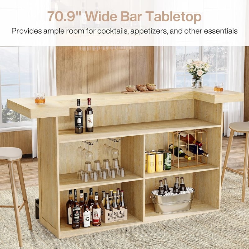 4-Tier Wooden Bar Table, 70.9" Large Home Bar Unit with Storage Shelves for Home, Patio, Basement