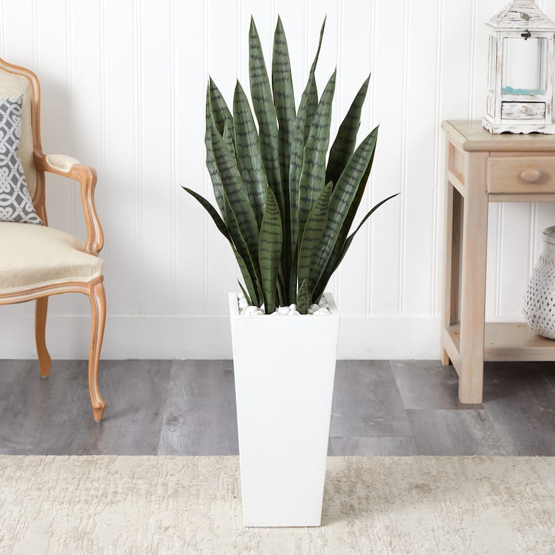 4' Sansevieria Artificial Plant in White Tower Planter - Green