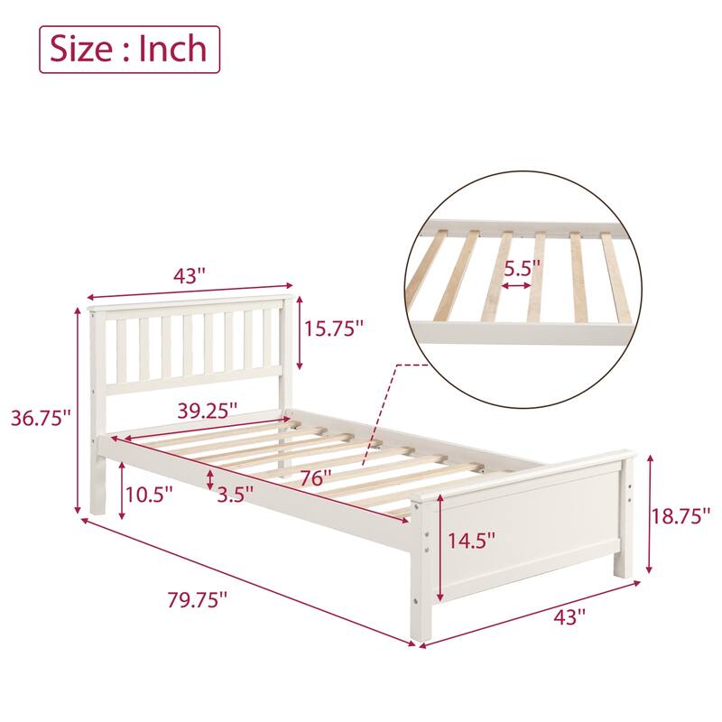 White Twin Size Wood Platform Bed with Headboard and Footboard, Solid Pine Wood Construction, Walnut Finish