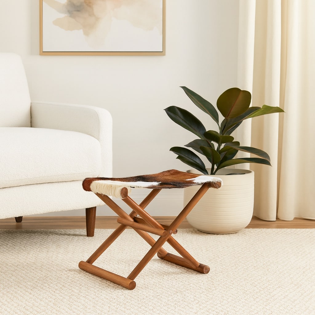 Foldable Backless Cowhide Storage Stool with Solid Wood Frame