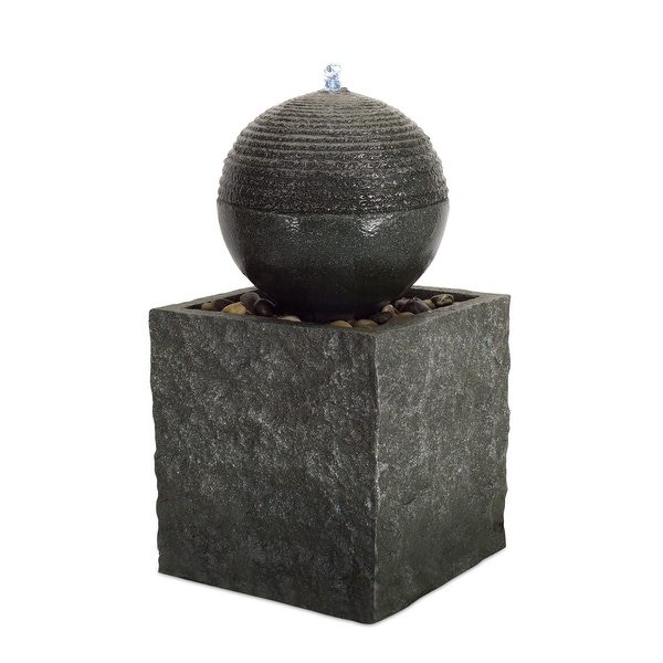 25" Black Chiseled Stone Design Orb Fountain with LED Light on Top - N/A