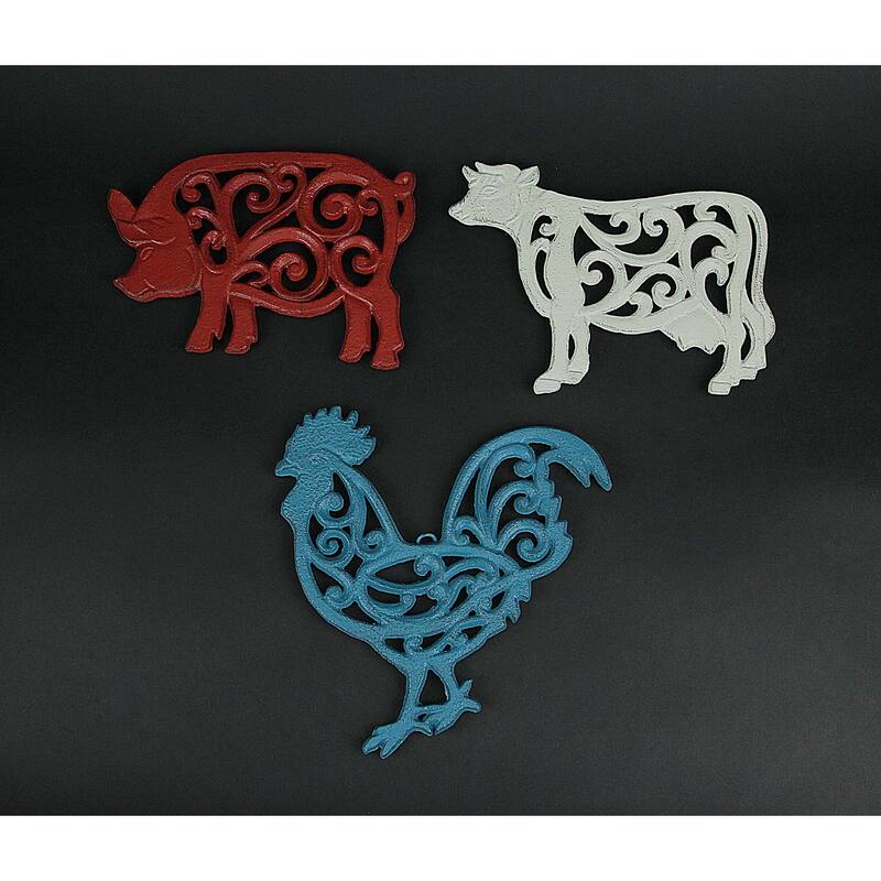 Zeckos Cast Iron Cow Pig And Rooster Kitchen Trivets (Set Of 3) - 0.5 X 9.5 X 9 inches