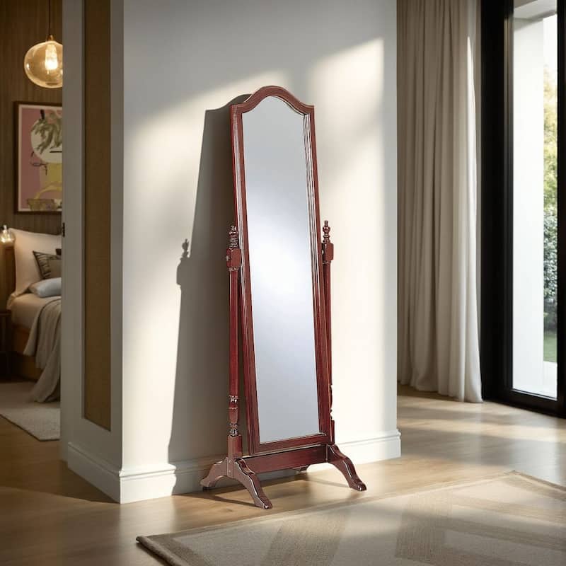 Standing Cheval Mirror with Wooden Frame Turned Posts, Brown