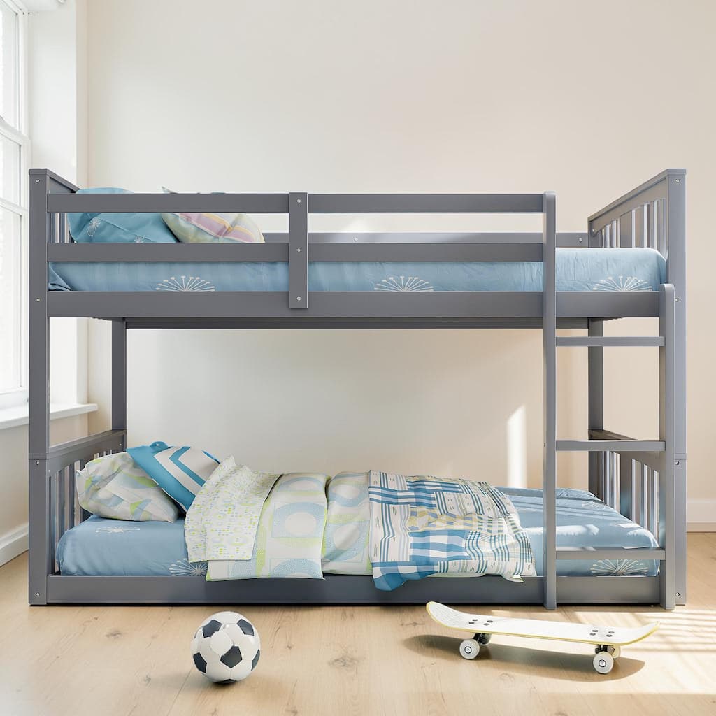 Twin Over Twin Bunk Bed with Ladder, Solid Wood Frame, Safety Guardrails, Space Saving Kids Bed