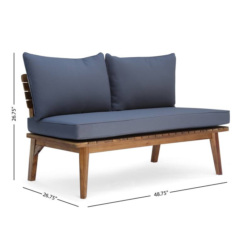 Roomfitters Outdoor Loveseat with Acacia Wood Frame and Navy Cushions, Patio 2-Seat Sofa, Grey